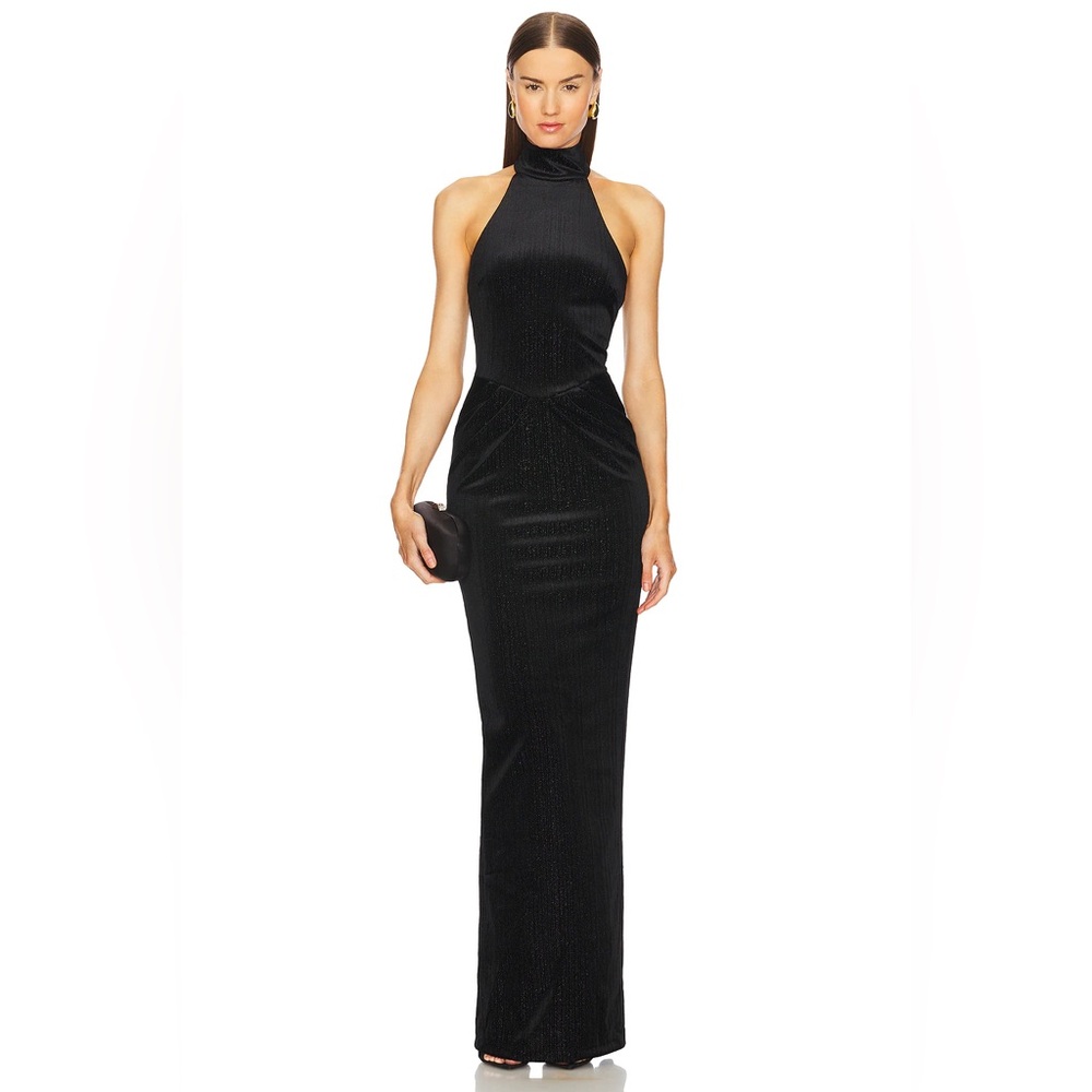 Michael Costello x Revolve Ataya Black Metallic Velvet Corset Sleeveless Gown XS